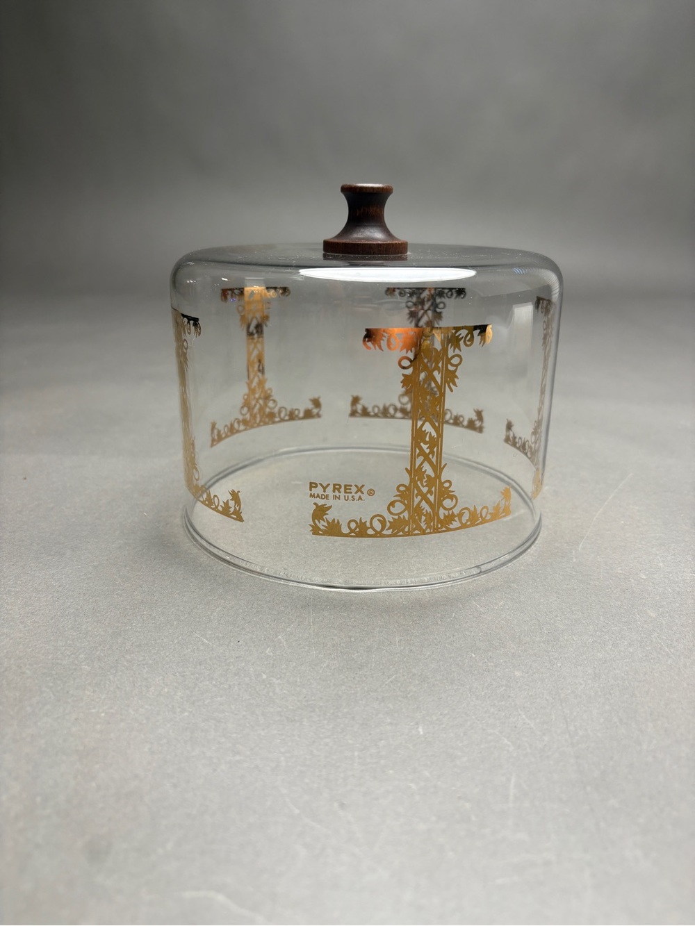 Pyrex Clear Glass Cheese Dome with Gold Filigree and Wood Knob Dome Only
